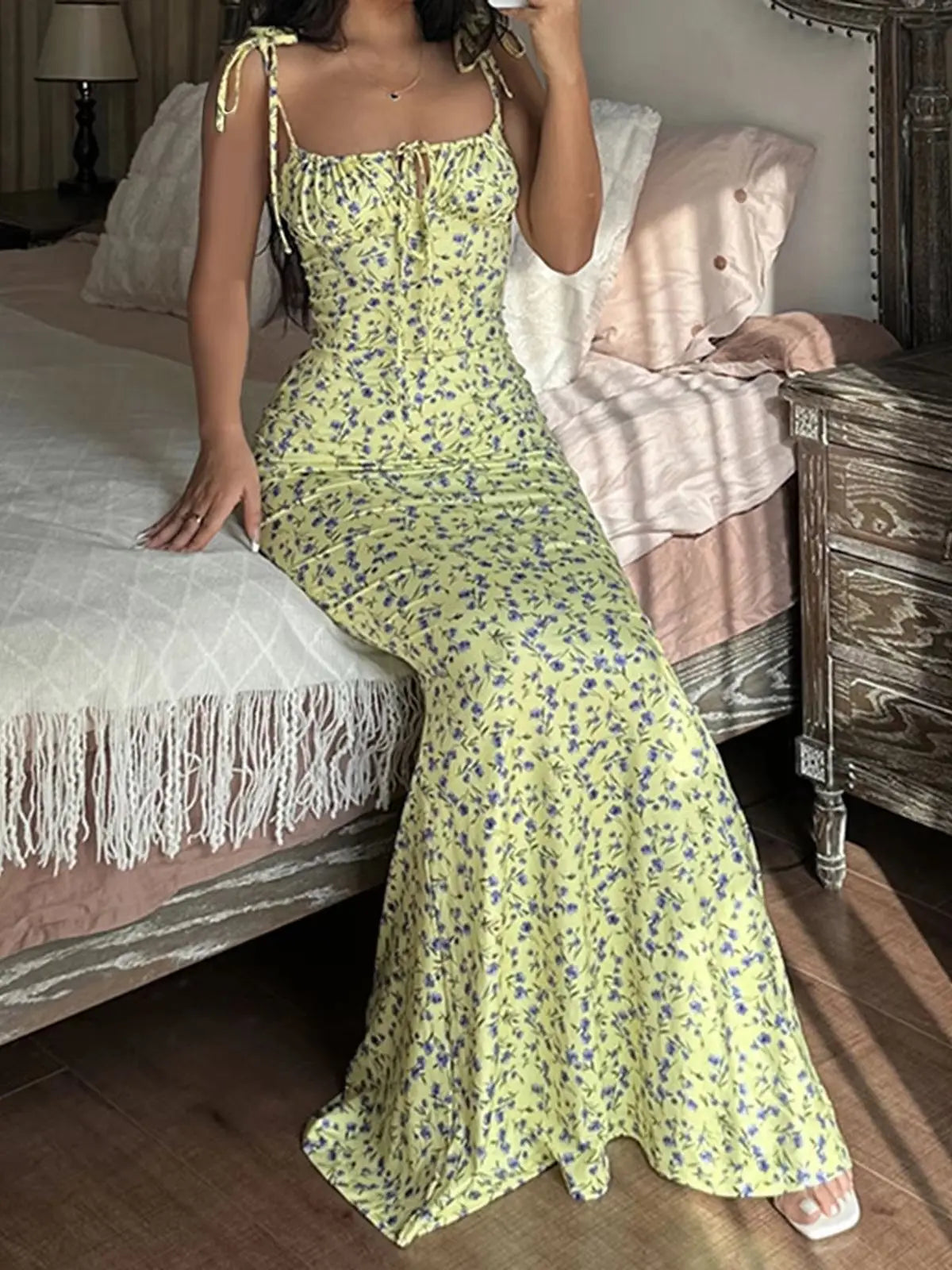 Iris Tie Strap Floral Midi Dress with Leg Split
