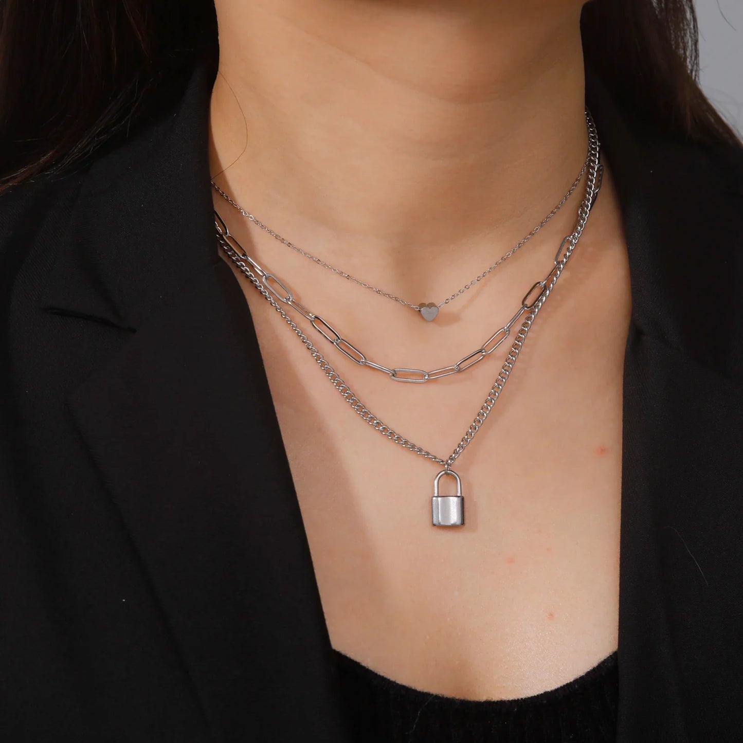 Lois Heart Lock Layered Stainless Steel Necklace