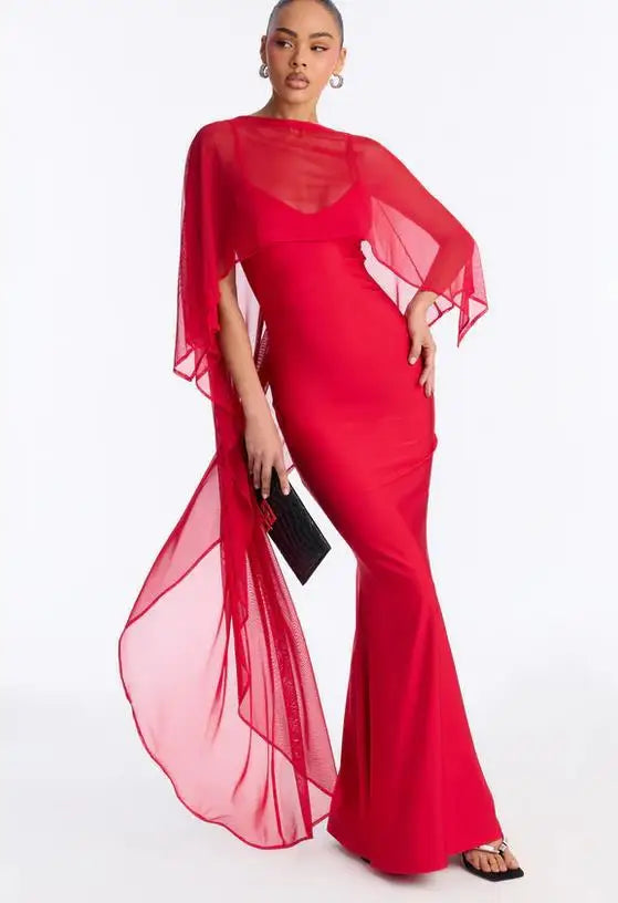 Lena Asymmetric Draped Shawl Detail Maxi Dress
