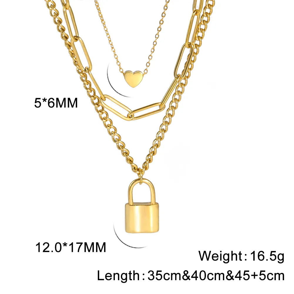 Lois Heart Lock Layered Stainless Steel Necklace