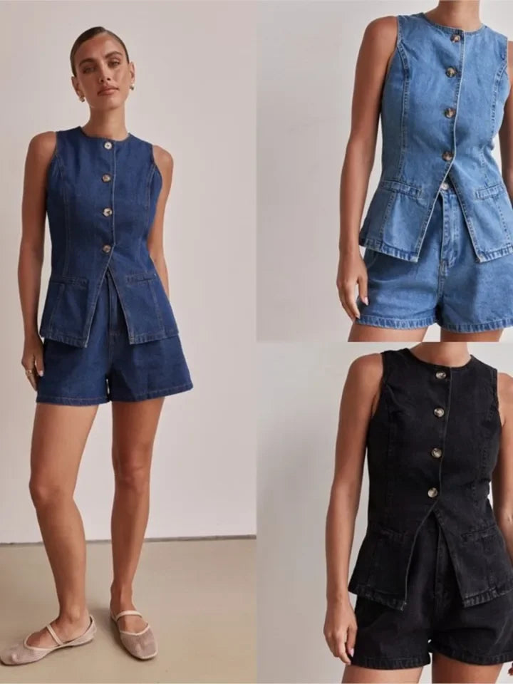 Cassia Waist Cinched Top and Denim Shorts Co-ord Set