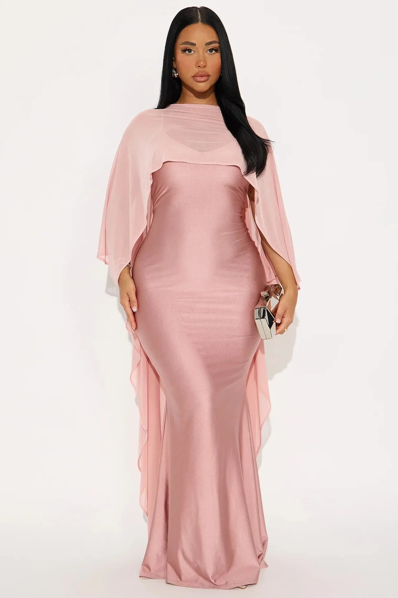 Lena Asymmetric Draped Shawl Detail Maxi Dress