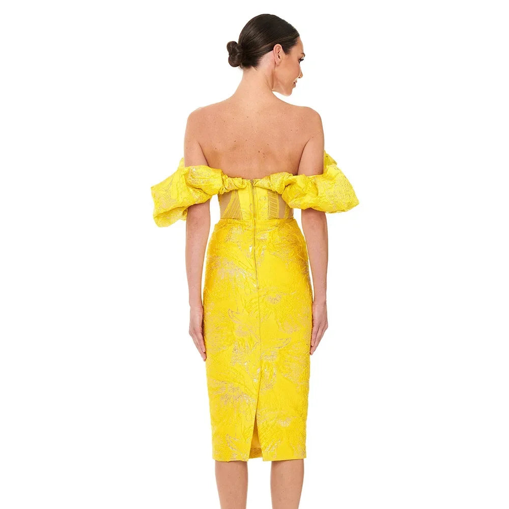 Marigold Ruffle Trim Sequin Jacquard Dress in Yellow
