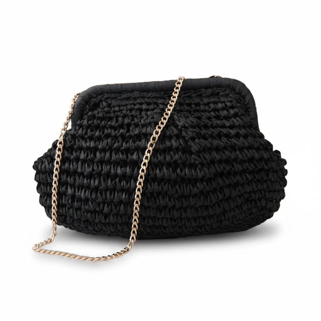 Crystal Palace Woven Straw Clutch Bag with Chain Strap