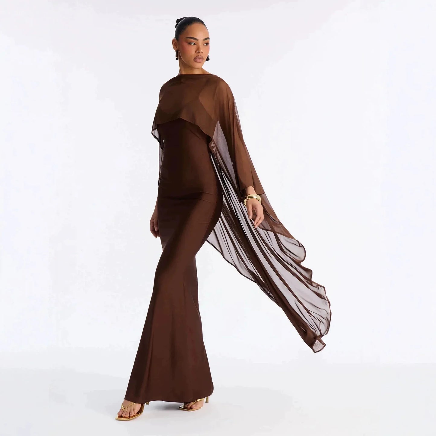 Lena Asymmetric Draped Shawl Detail Maxi Dress
