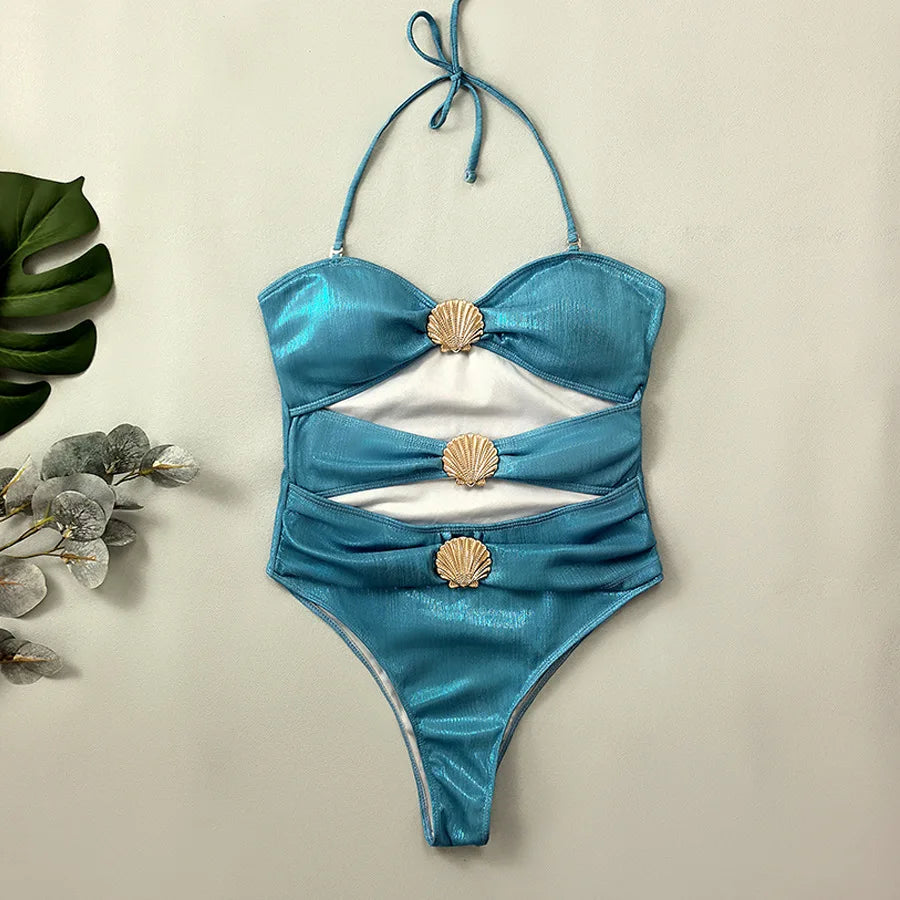 Marina Shell Print Gold Stamped One Piece Swimsuit