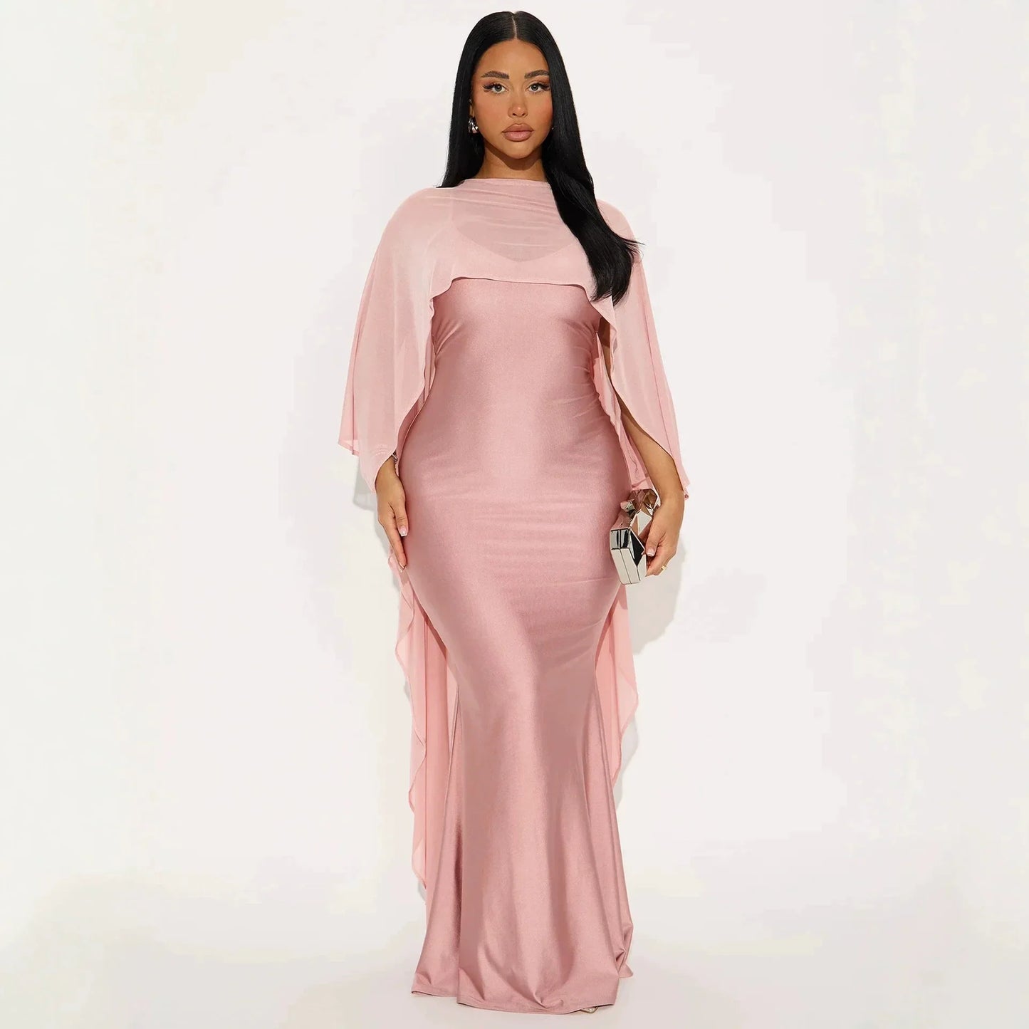 Lena Asymmetric Draped Shawl Detail Maxi Dress