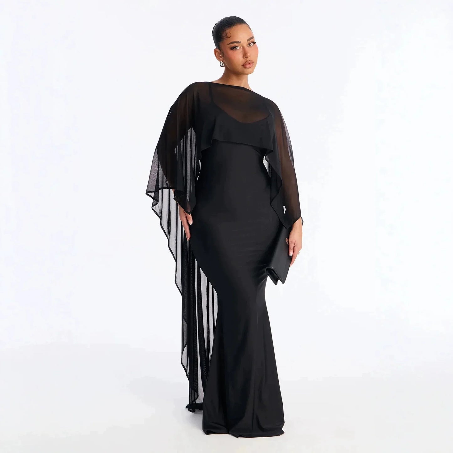 Lena Asymmetric Draped Shawl Detail Maxi Dress