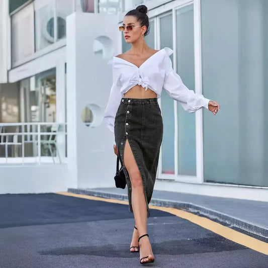 Billie High Waisted Straight Cut Denim Midi Skirt