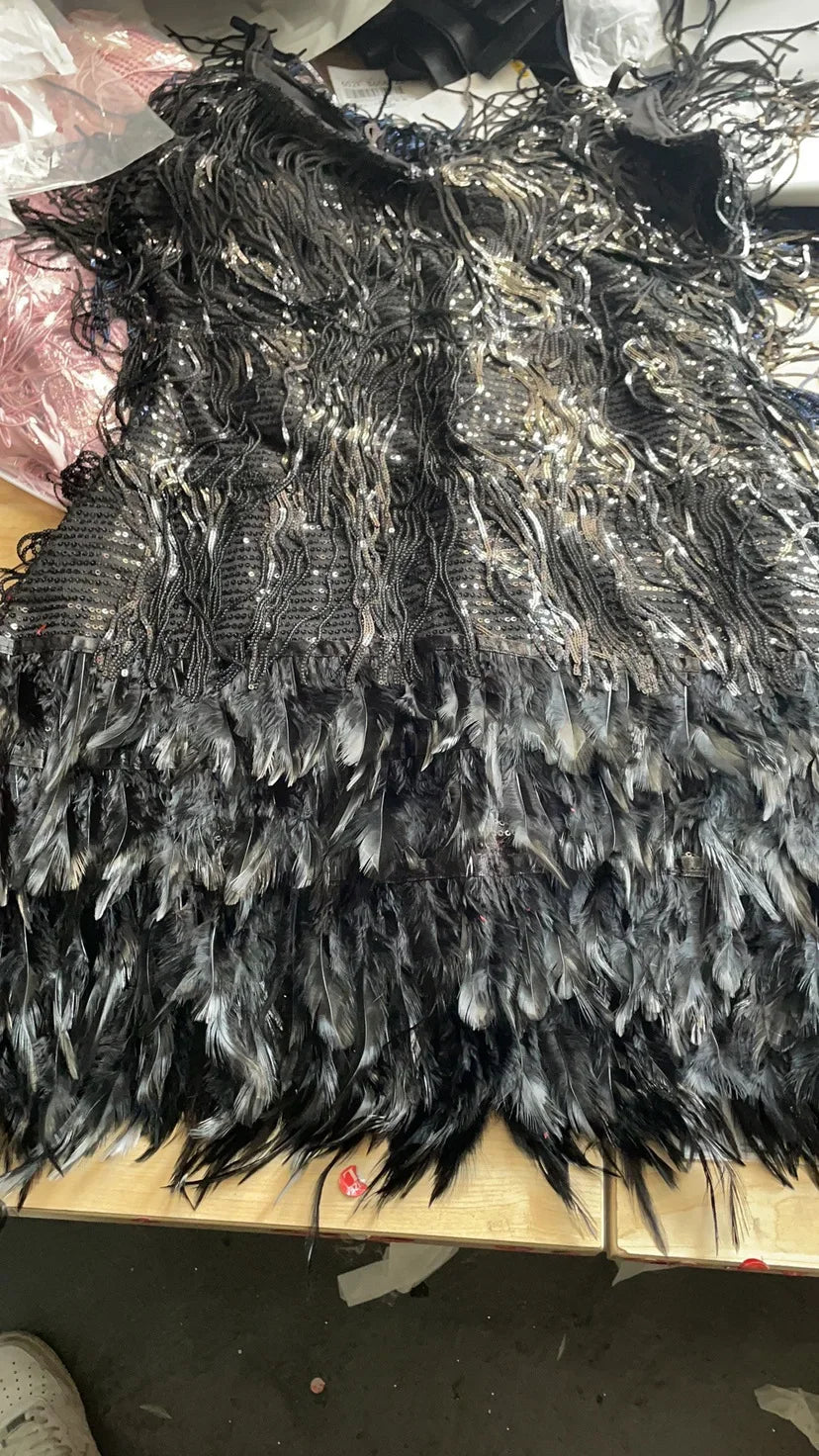 Celeste Sleeveless Sequin Feather Fringe Party Dress