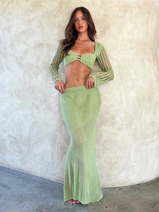 Suki Crochet Knit Crop Top and Midi Skirt Co-ord Set