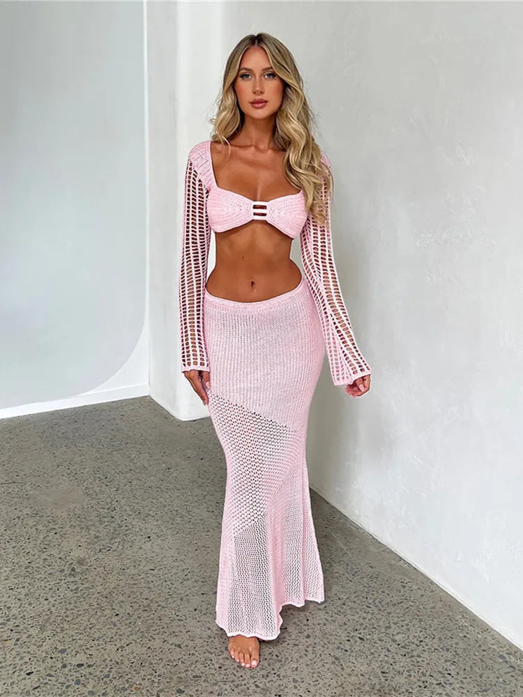 Suki Crochet Knit Crop Top and Midi Skirt Co-ord Set