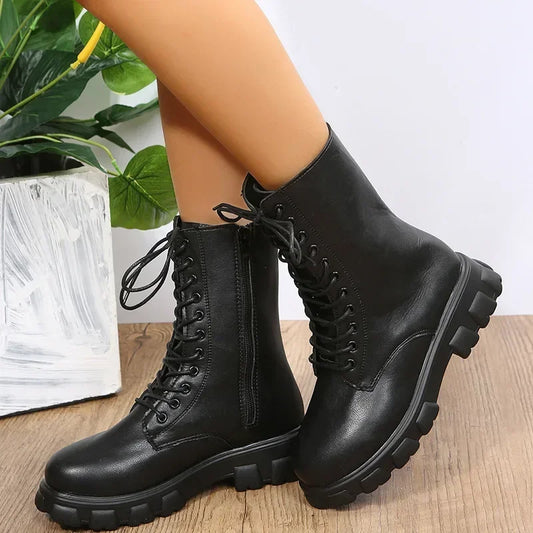 Rudy Platform Lace Up Chunky Sole Mid Calf Boots