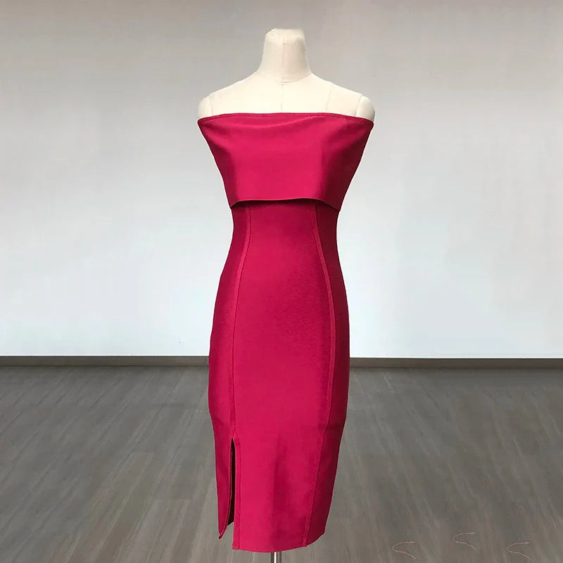 Nova Off Shoulder Bandage Bodycon Midi Dress in Fuchsia