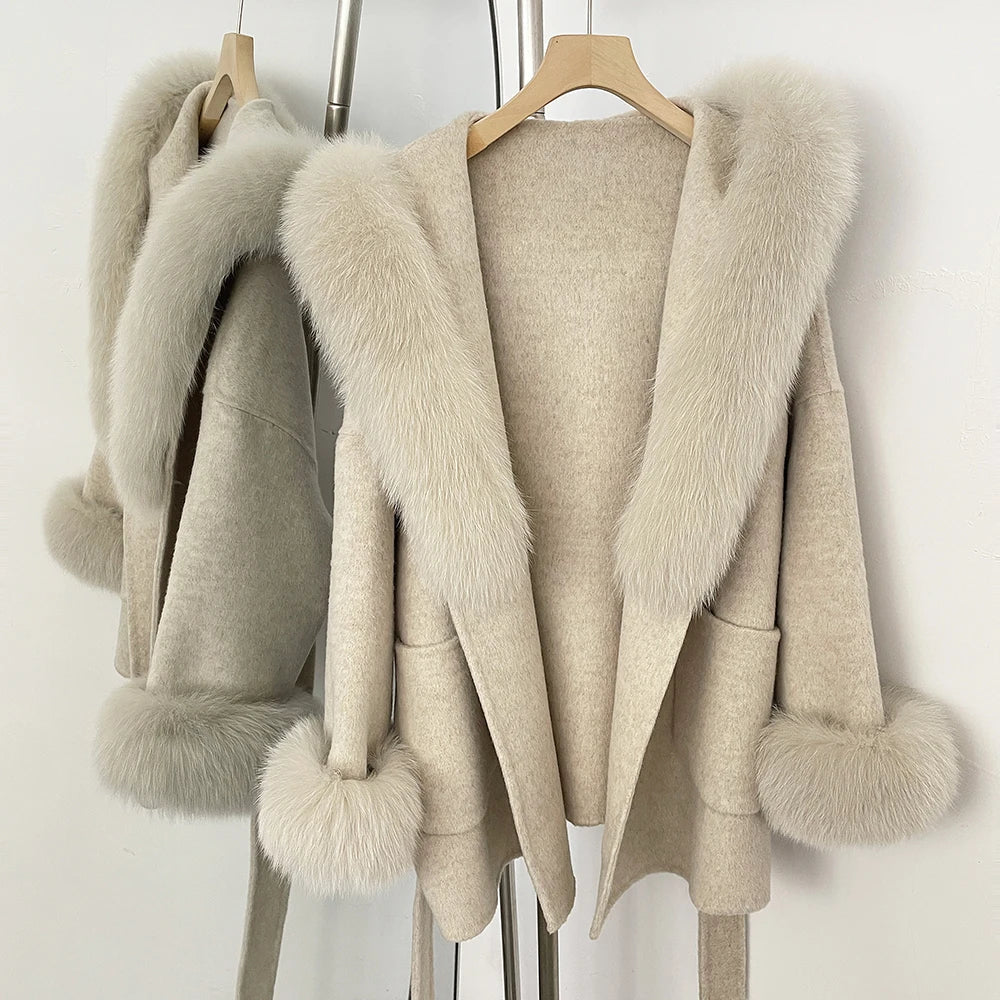 Oona Belted Wool Coat with Fur Trim Hood in Oatmeal