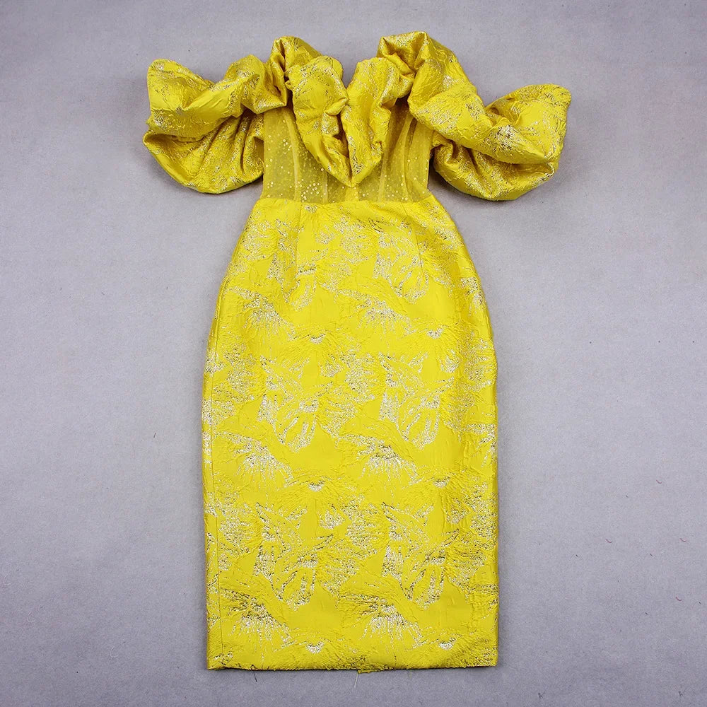 Marigold Ruffle Trim Sequin Jacquard Dress in Yellow