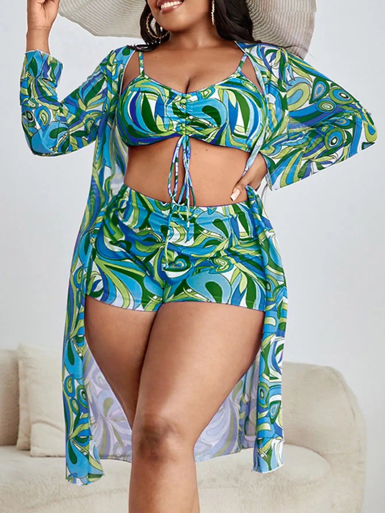 Juno Printed Three Piece Bikini and Kimono Set