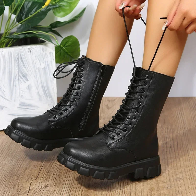 Rudy Platform Lace Up Chunky Sole Mid Calf Boots