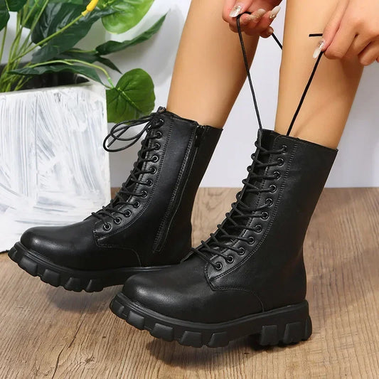Rudy Platform Lace Up Chunky Sole Mid Calf Boots
