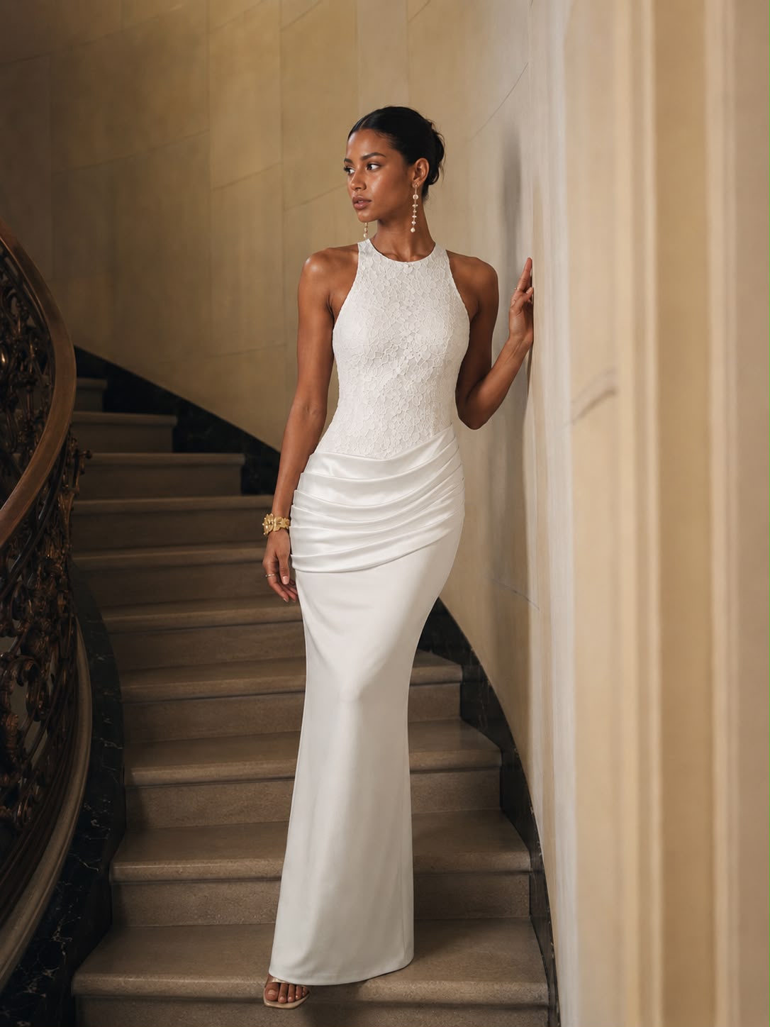Odette Halter Neck Lace Mermaid Maxi Dress in White