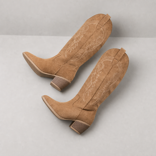 Clementine Embroidered Western Knee High Boots in Brown
