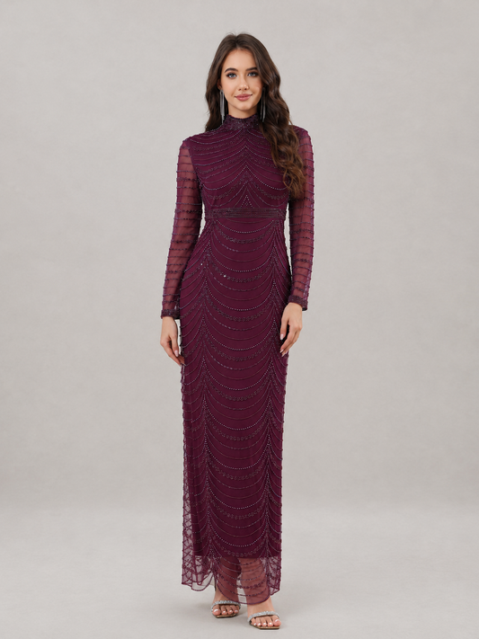 Theodora Sequin Beaded High Neck Evening Gown in Purple