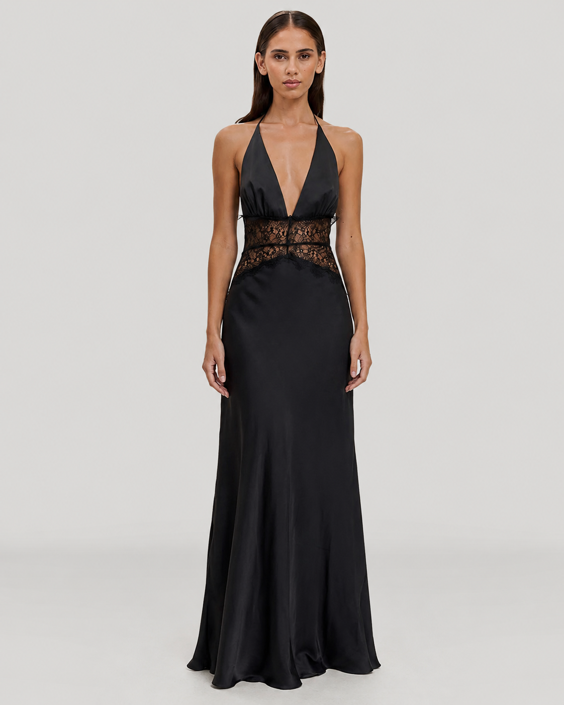 Tamsin Halter Neck Satin and Lace Backless Maxi Dress