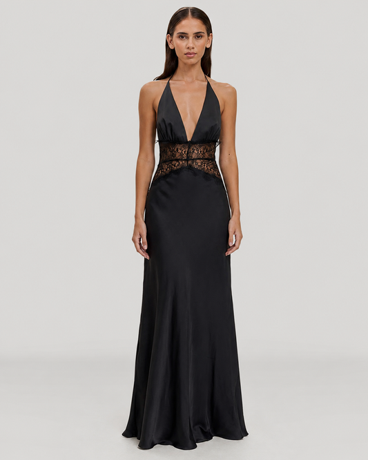 Tamsin Halter Neck Satin and Lace Backless Maxi Dress