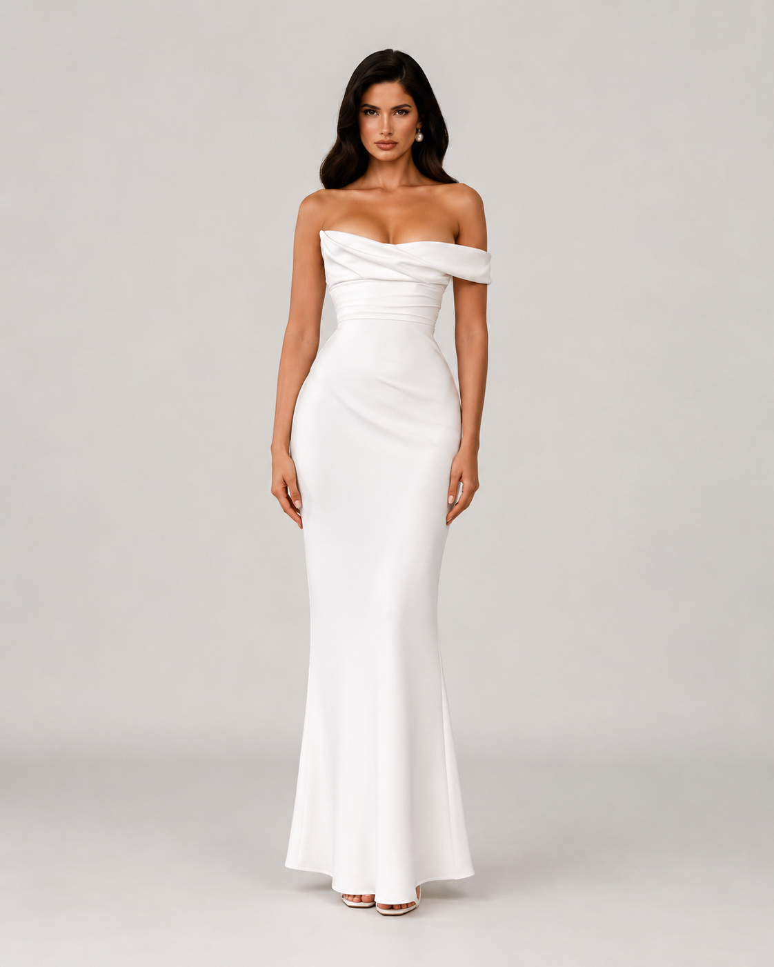 Rosalind Off Shoulder Satin Mermaid Maxi Dress in White