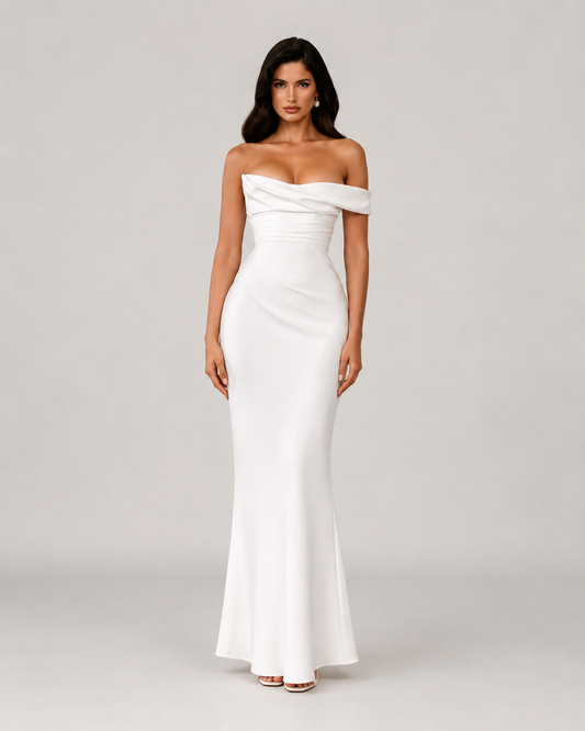 Rosalind Off Shoulder Satin Mermaid Maxi Dress in White