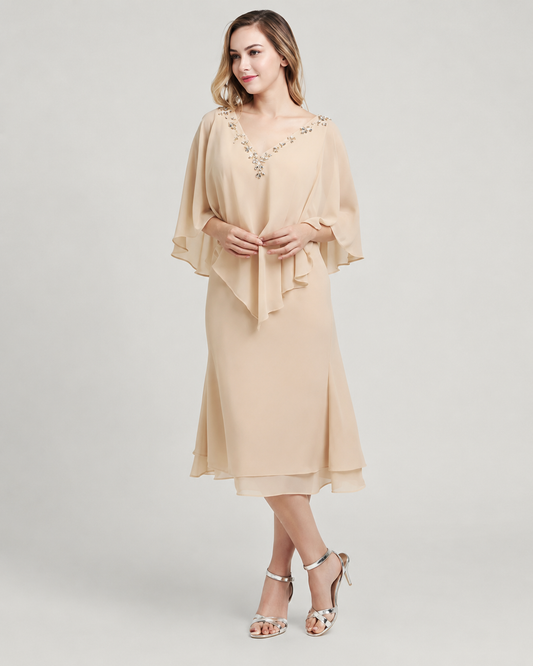 Constance Crystal Chiffon Tea Length Dress with Sleeves