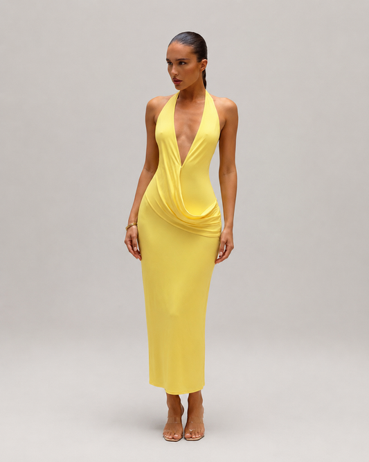 Honor Halter Deep V Backless Draped Split Maxi Dress