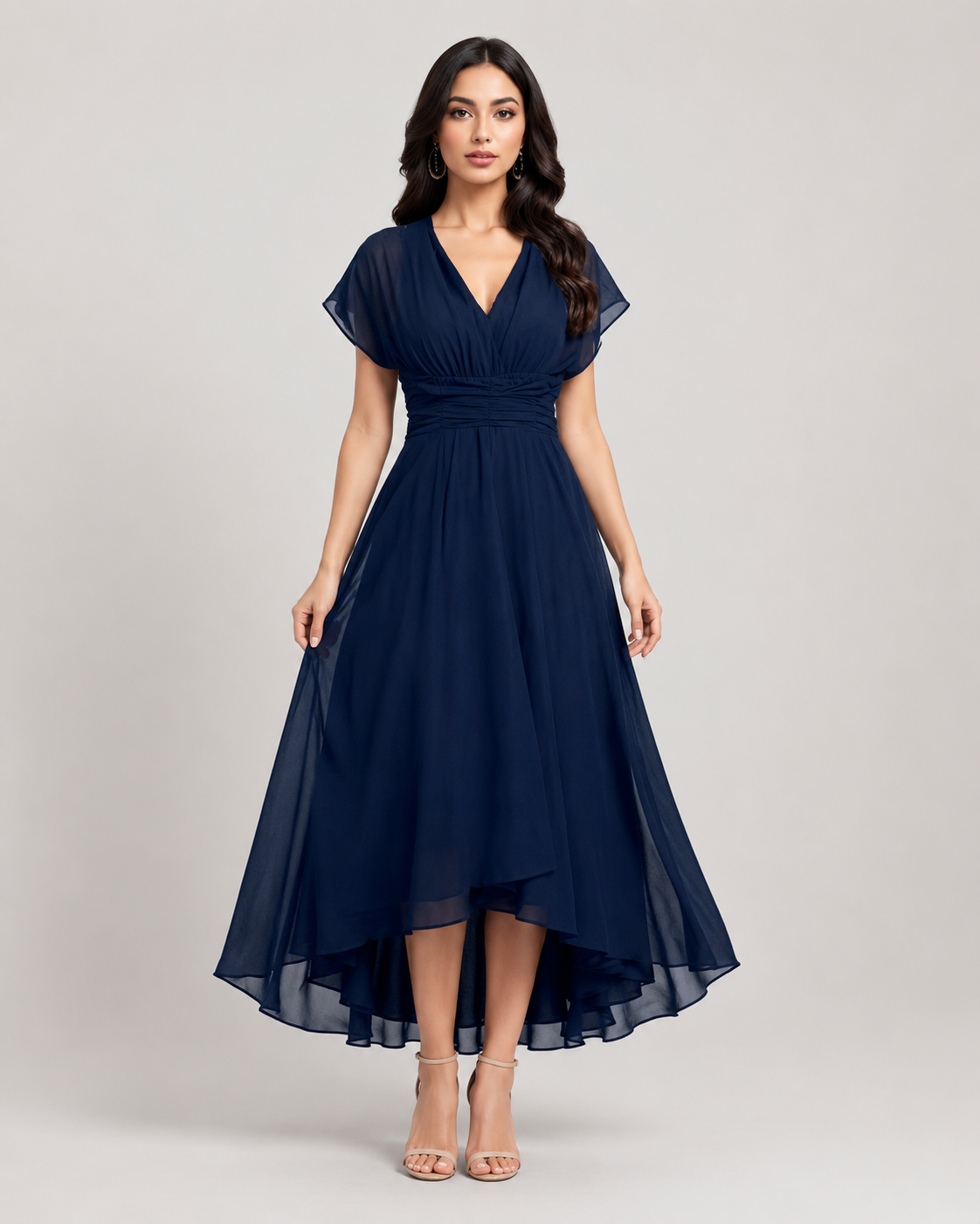 Adele Flutter Mesh Sleeve Chiffon Midi Dress in Navy