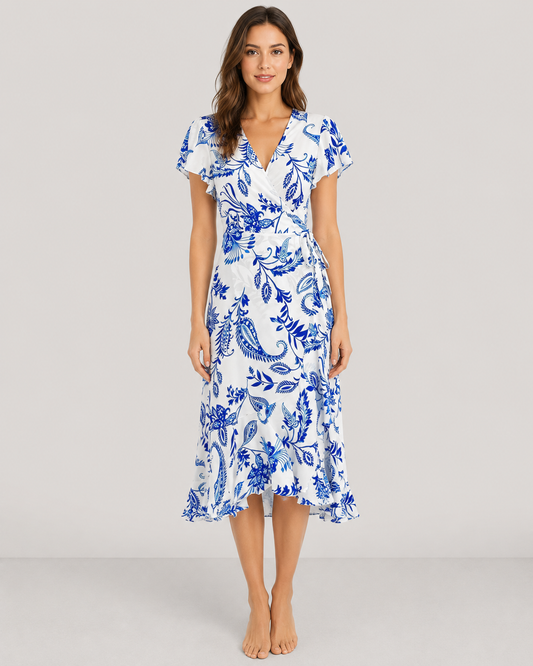 Flora Flutter Sleeve Lace-Up Print Midi Dress