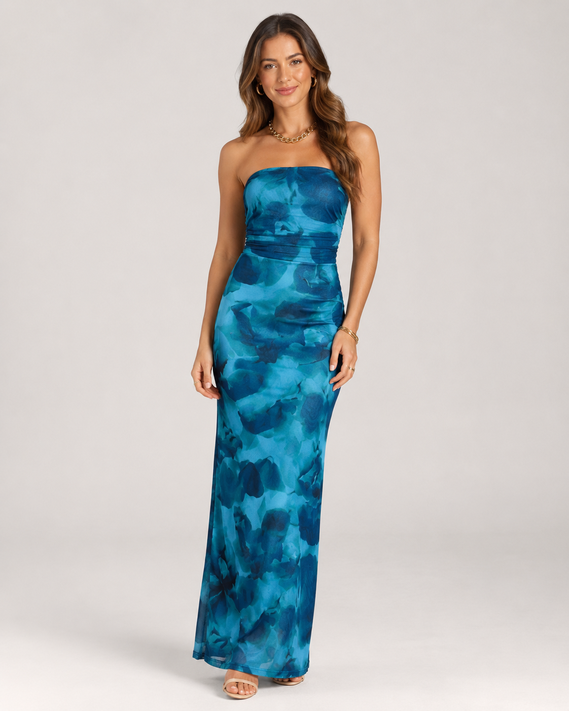 Kiki Strapless Tie Dye Print Hem Slit Midi Dress
