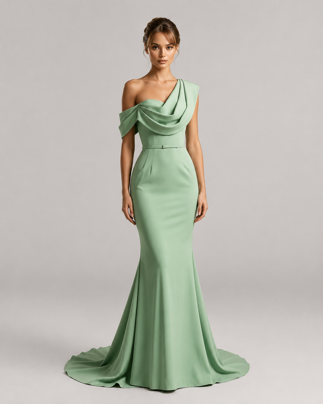 Guinevere One Shoulder Draped Satin Prom Dress in Sage Green