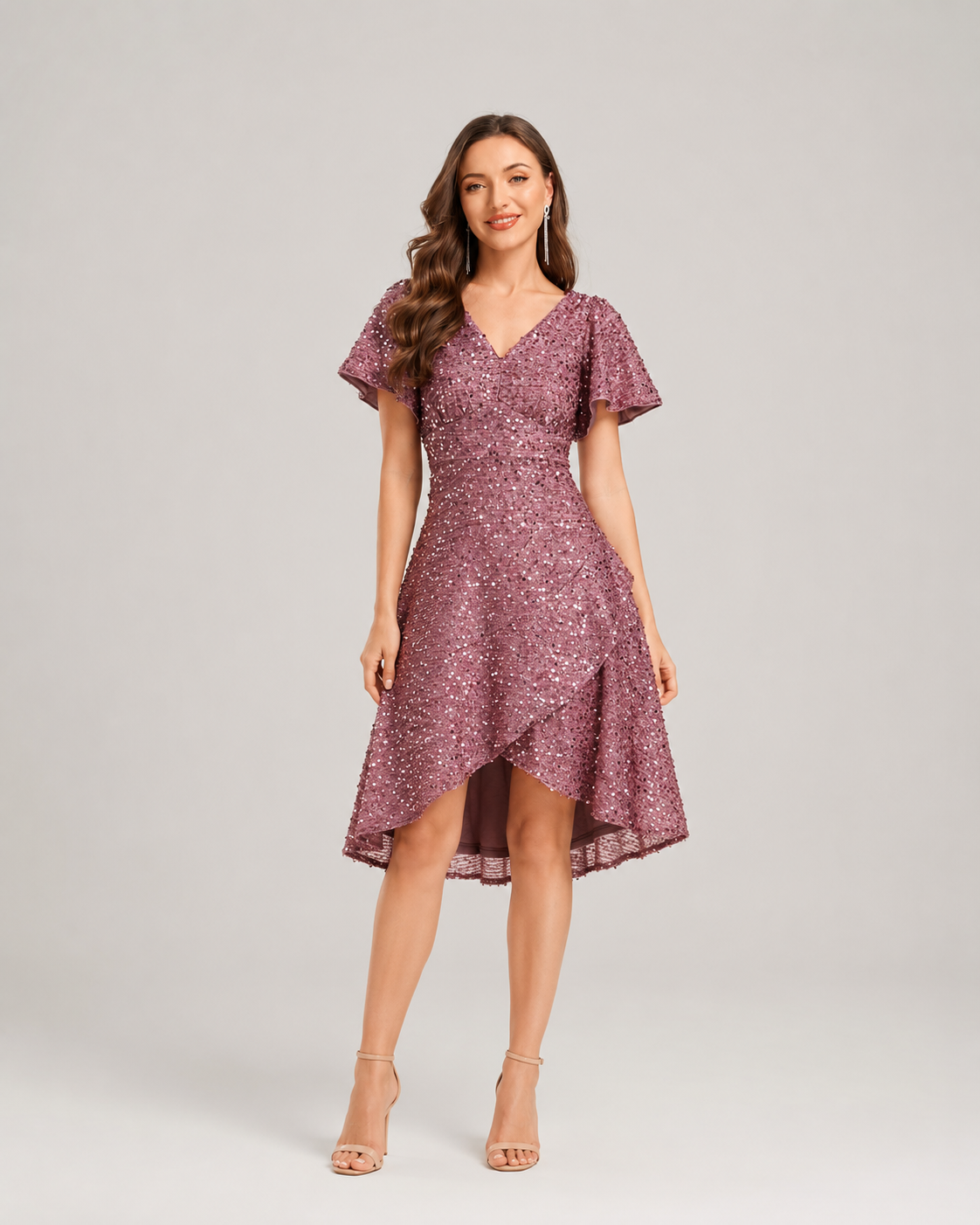 Winnie Ruffle Sleeve Deep V Sequin High Low Dress