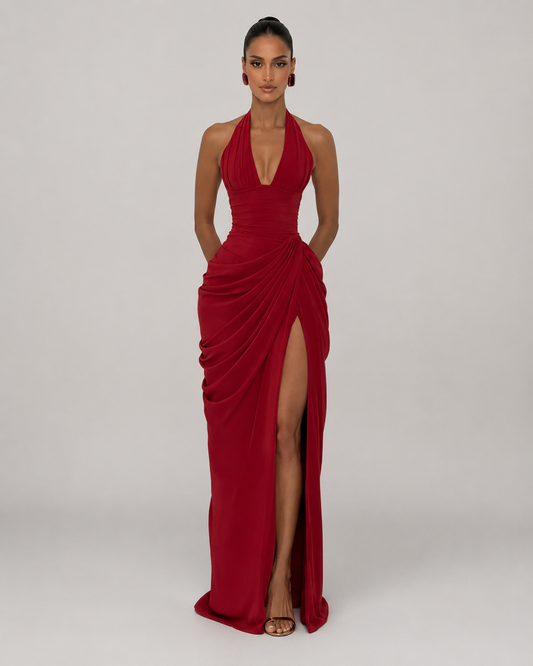 Xanthe Halter Deep V Ruched High Slit Satin Maxi Dress