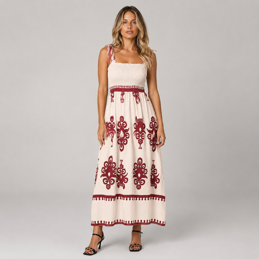Meadow Strappy Fit and Flare Boho Print Maxi Dress
