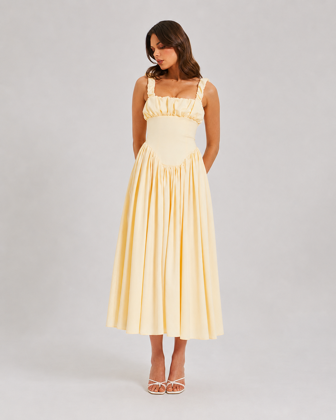 Juliet Satin Square Neck Backless Pleated Midi Dress in Black