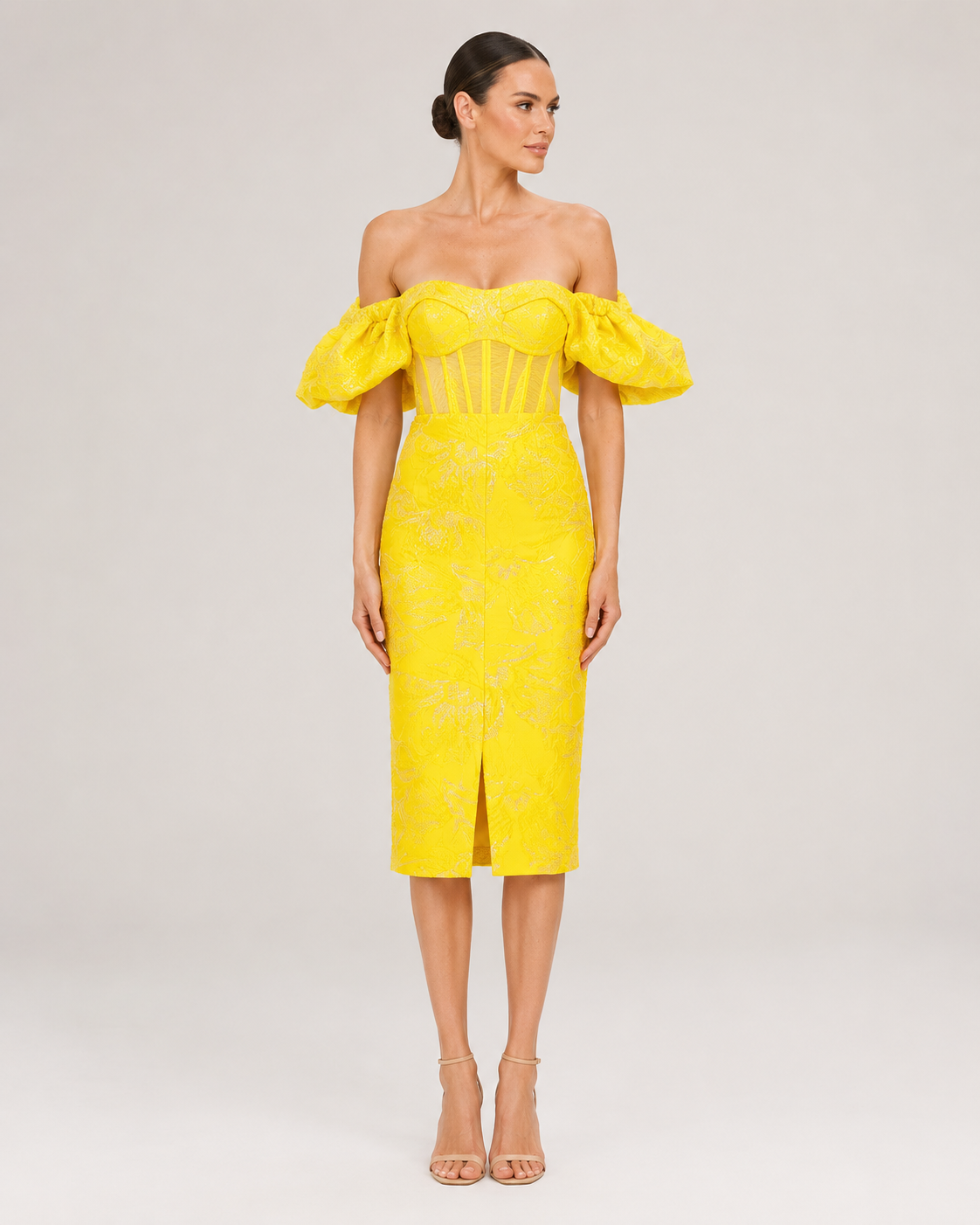 Marigold Ruffle Trim Sequin Jacquard Dress in Yellow