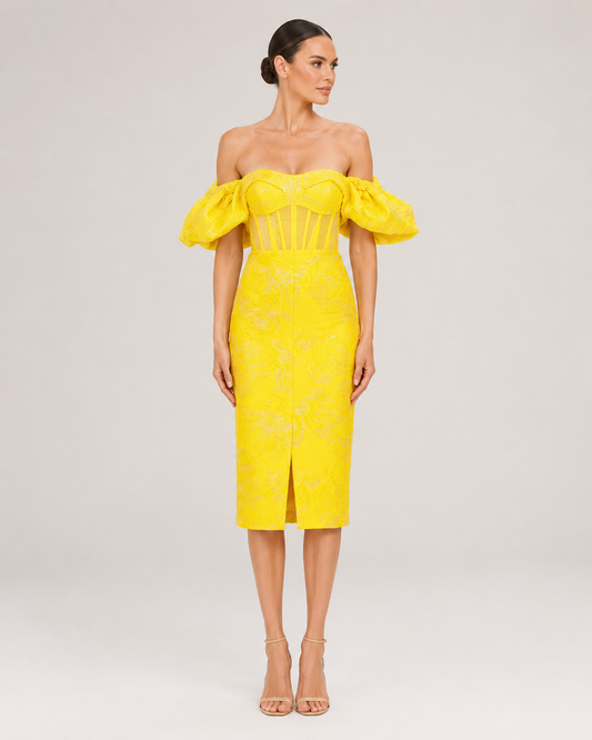 Marigold Ruffle Trim Sequin Jacquard Dress in Yellow