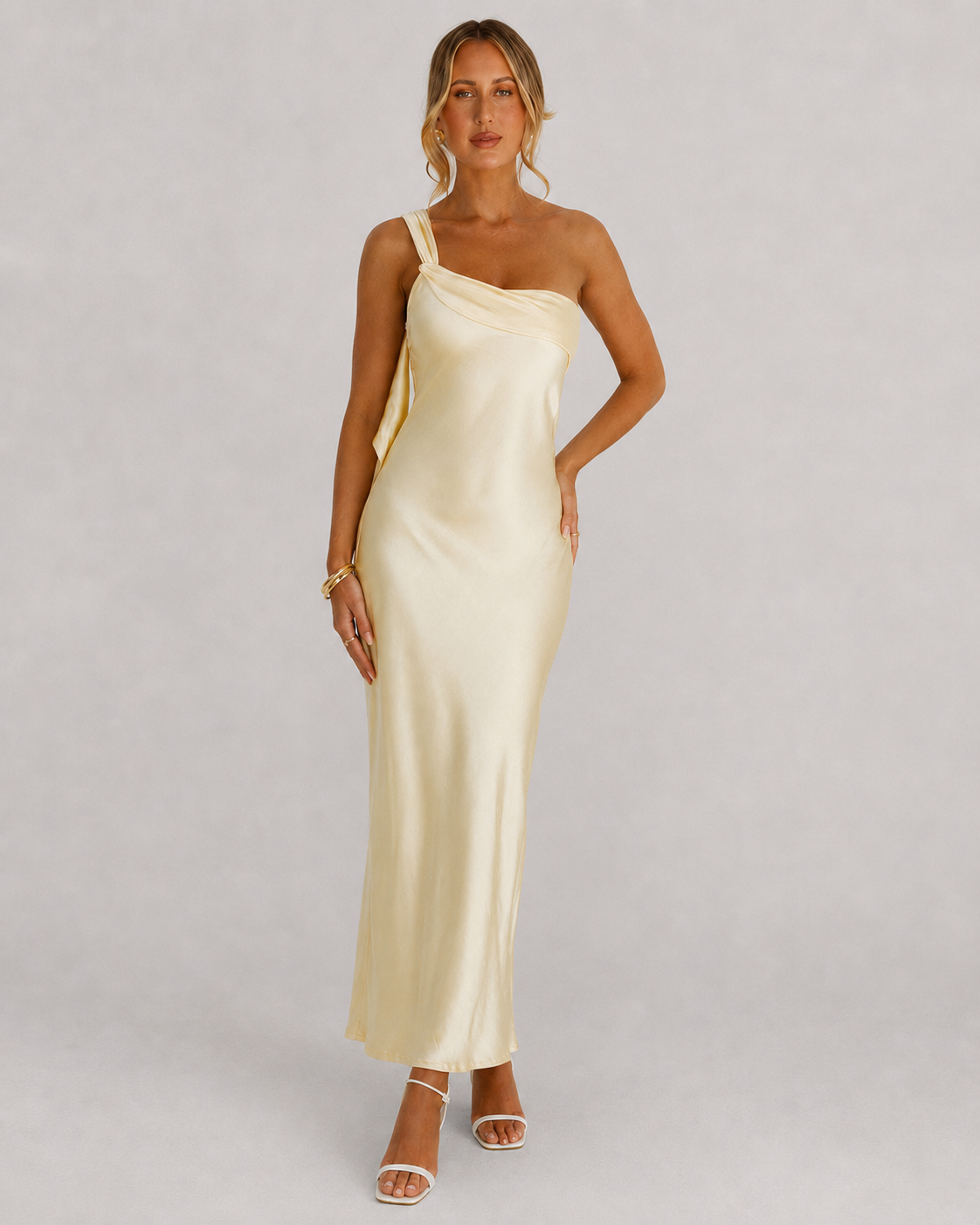 Sorrel One Shoulder Satin Thigh Split Maxi Dress
