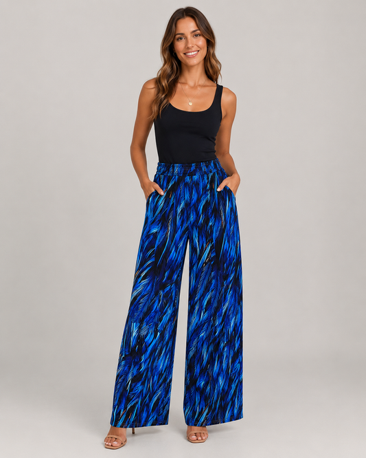 Isla Feather Print Sleeveless Wide Leg Jumpsuit in Blue