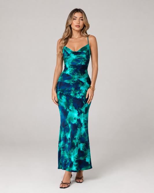 Cleo Strappy Cut-Out Print Maxi Dress in Blue