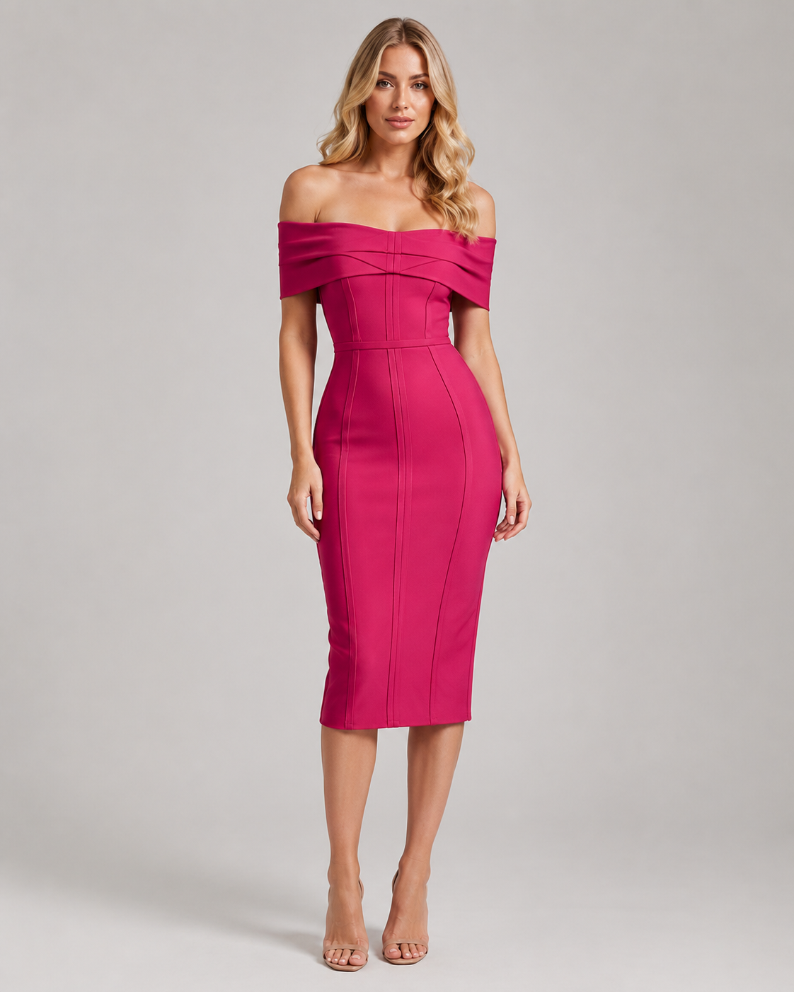 Nova Off Shoulder Bandage Bodycon Midi Dress in Fuchsia