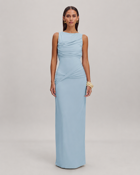 Nell Square Neck Pleated Backless Split Maxi Dress