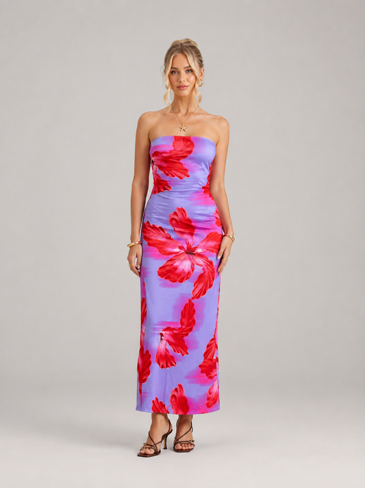Calla Strapless Floral Print High Waist Midi Dress