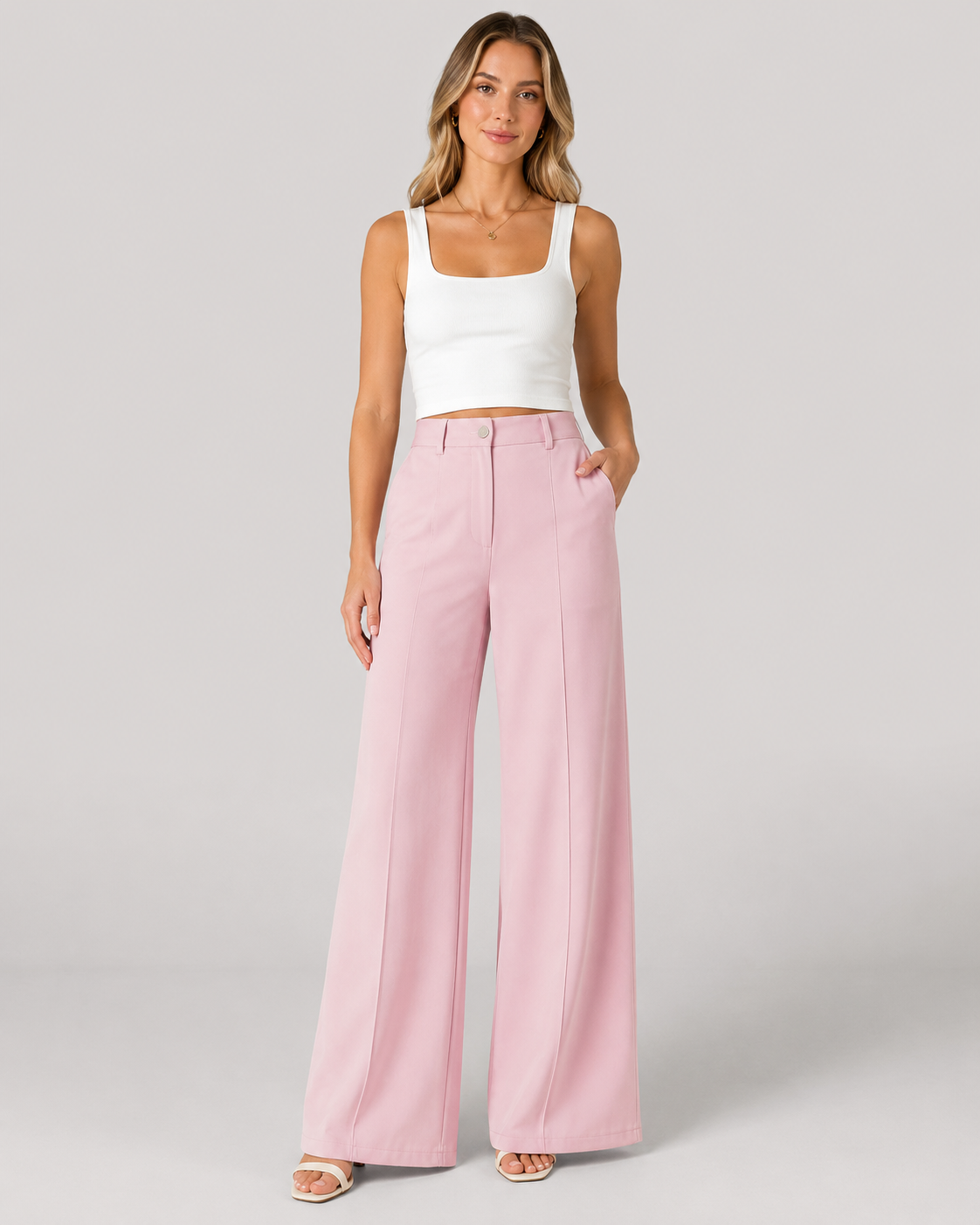 Rosie Pleat Front High Waist Wide Leg Trousers in Pink
