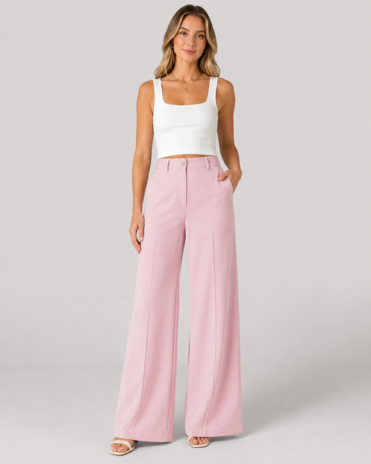 Rosie Pleat Front High Waist Wide Leg Trousers in Pink